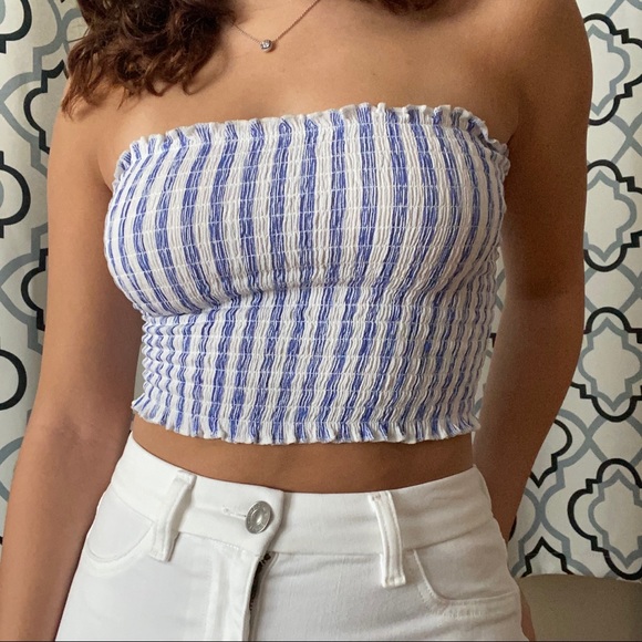 FOREVER 21 STRIPPED TUBE TOP🤍💙 - Picture 1 of 3